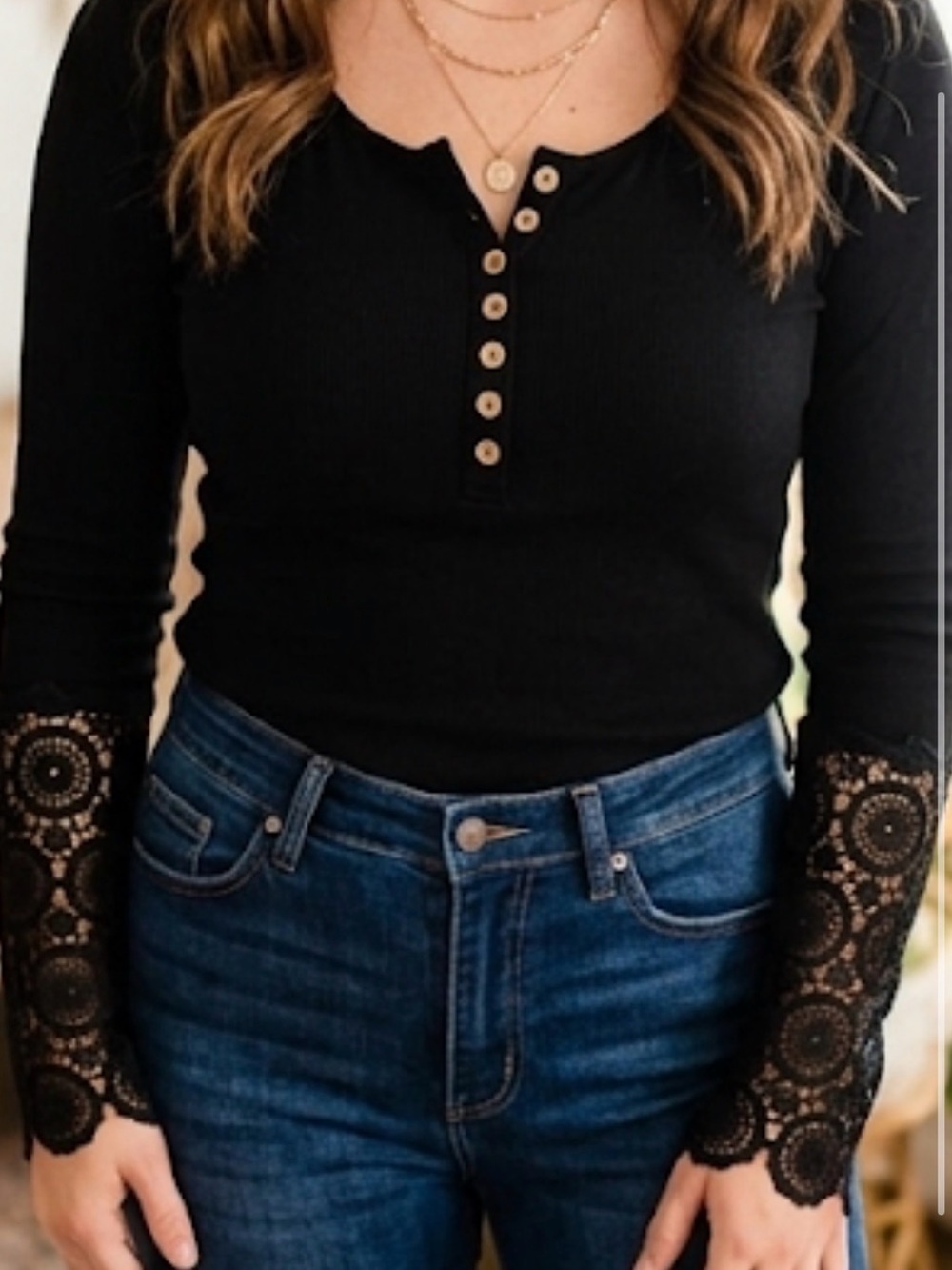 Long-Sleeve Black Henley Top with Lace Cuffs